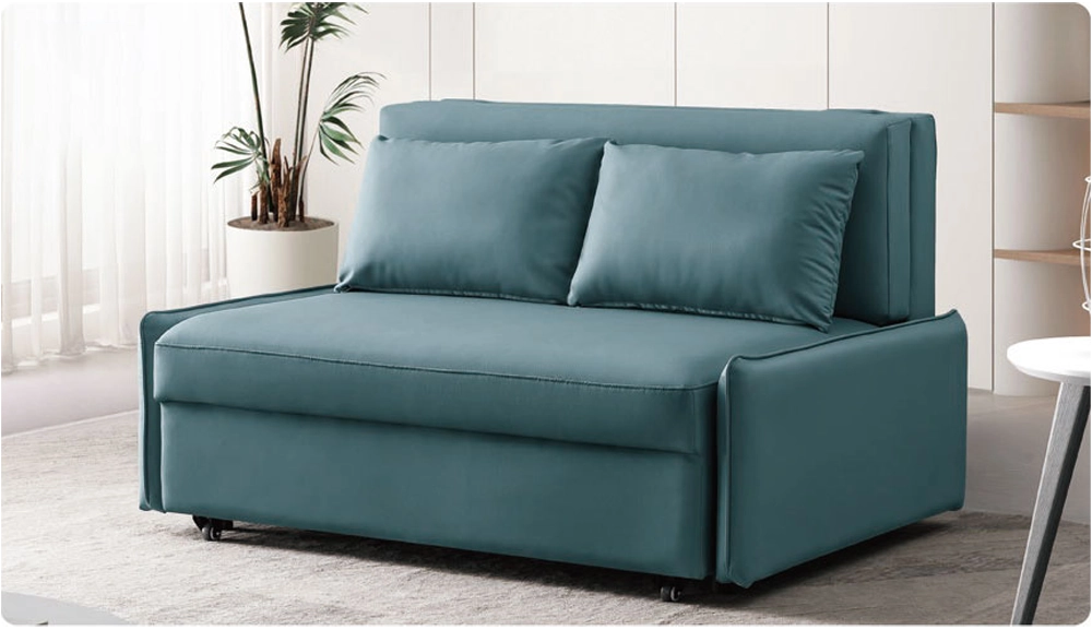 花輪水藍色皮革雙人沙發床