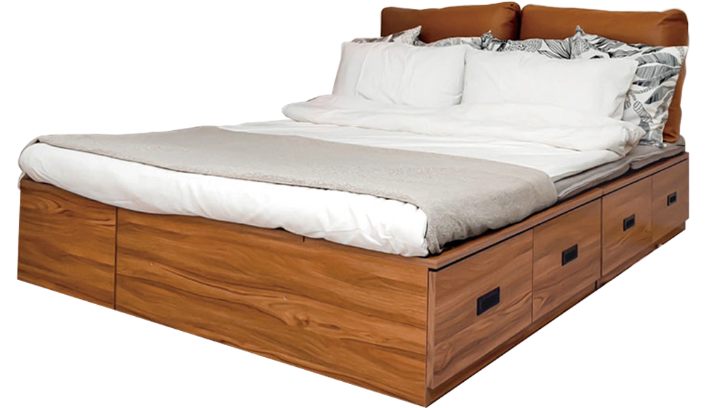 樟木色抽屜盒收納床