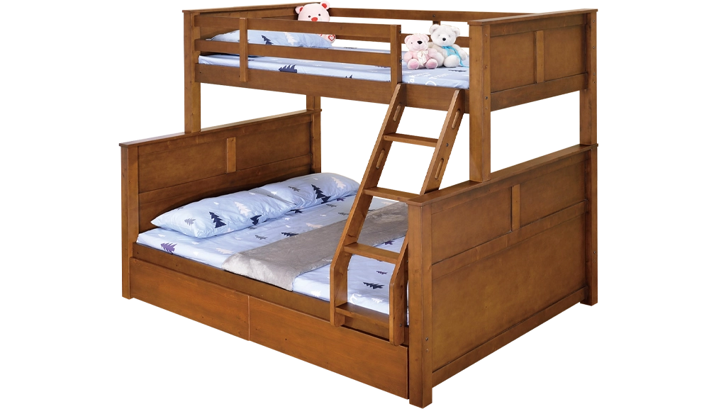 全實木北歐雲杉胡桃色杰特三人雙層床