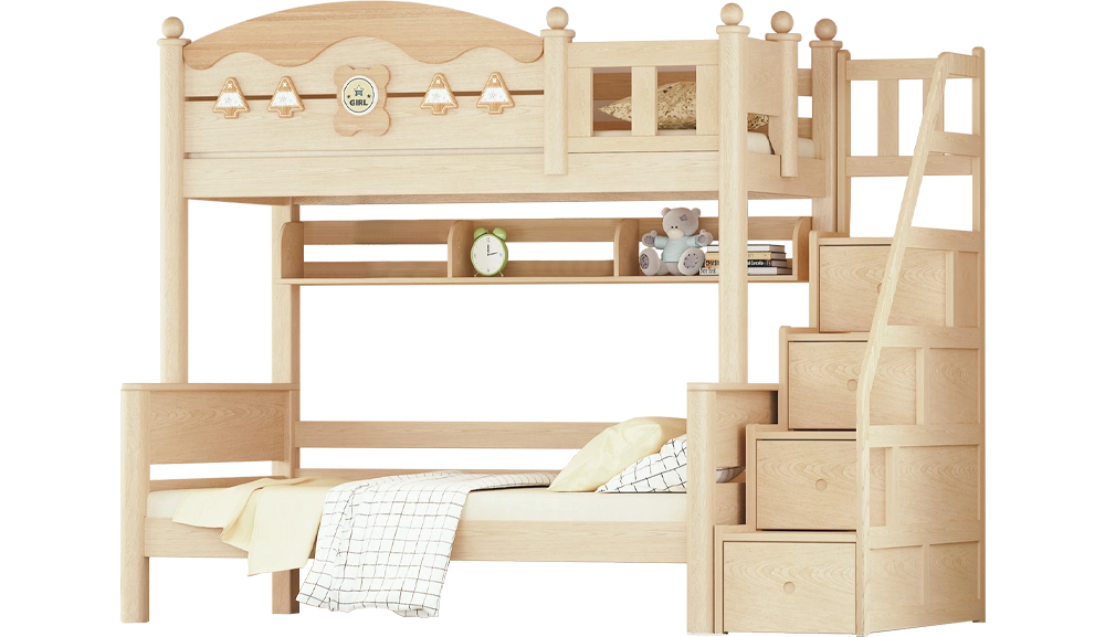 209維尼小熊鵝掌楸實木雙層床(白蠟色)(步梯款)