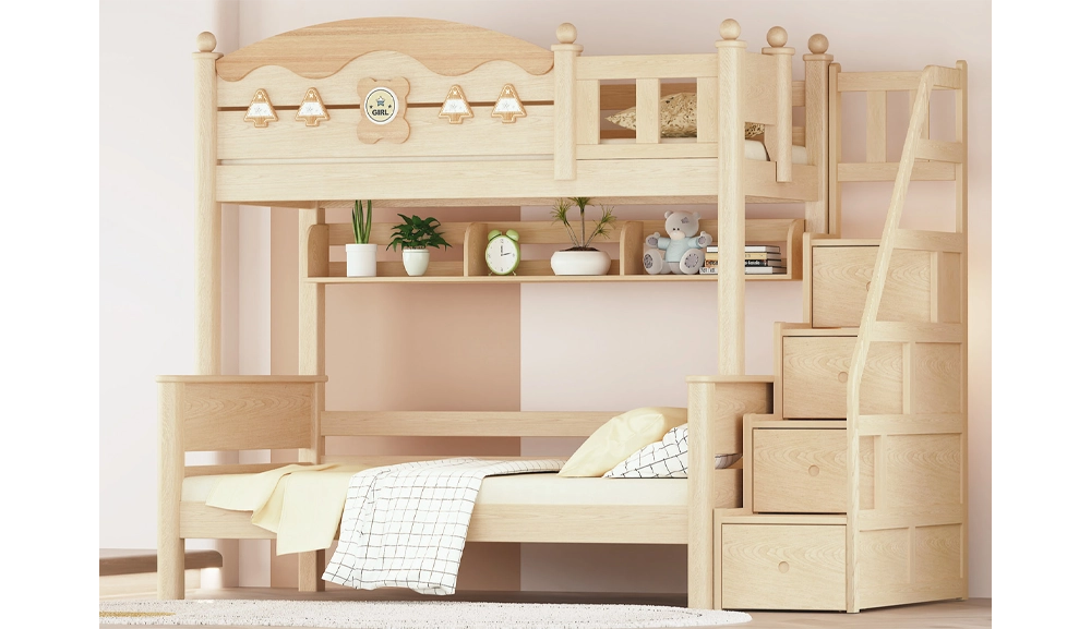 209維尼小熊鵝掌楸實木雙層床(白蠟色)(步梯款)