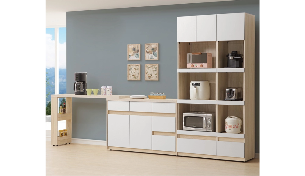 白原木雙色4.4尺多功能延伸L餐櫃(全組)